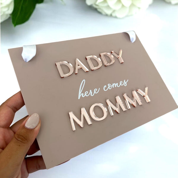 Custom acrylic page boy sign, white text on clear background