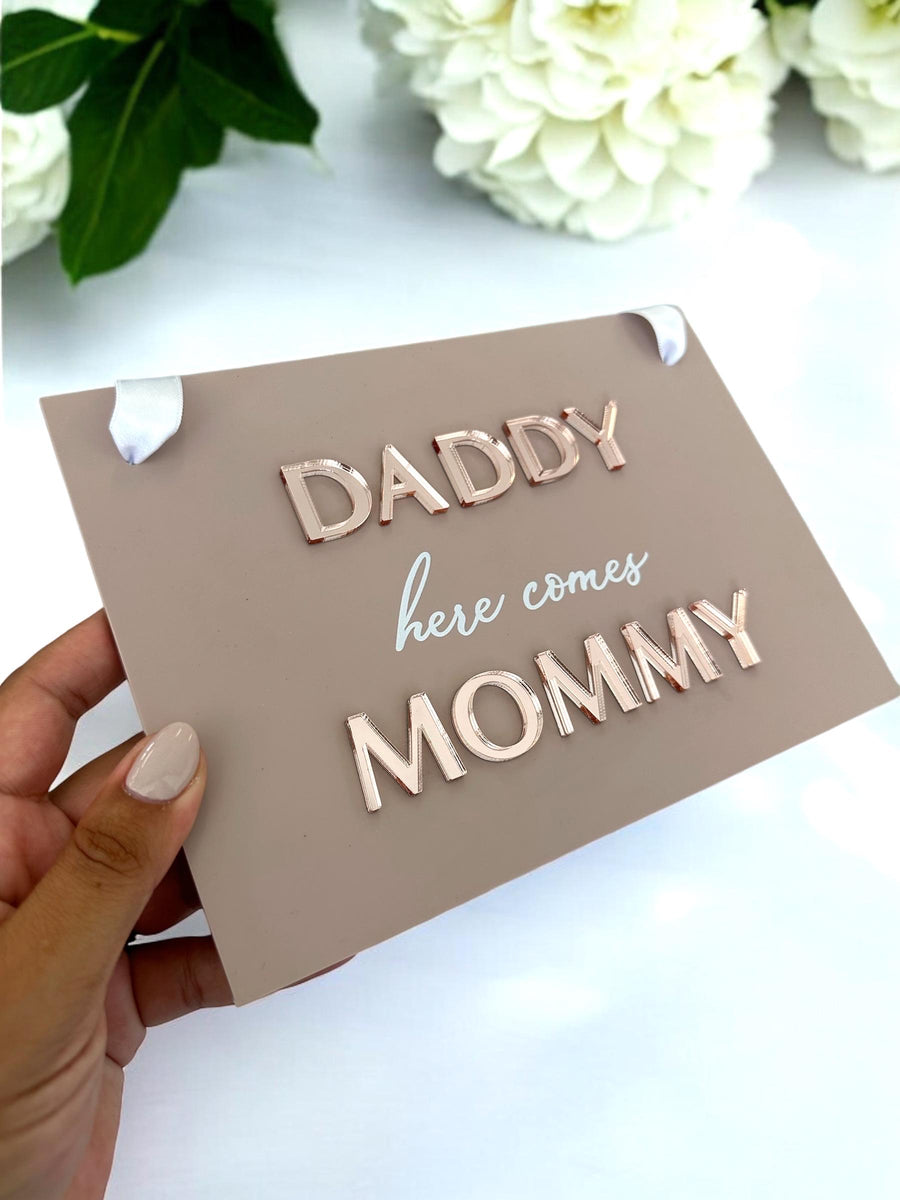 Custom acrylic page boy sign, white text on clear background