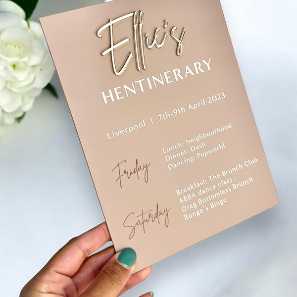 Custom acrylic itinerary sign in clear, perfect for bachelorette party decor