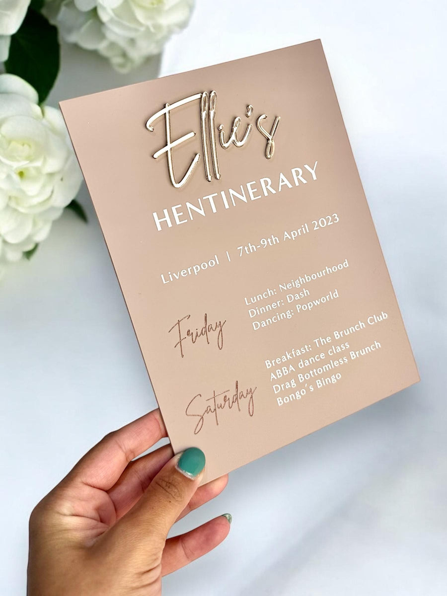 Custom acrylic itinerary sign in clear, perfect for bachelorette party decor