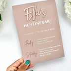 Custom acrylic hen do itinerary sign in clear with elegant lettering