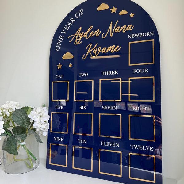 Custom first birthday photo board, stars and clouds design with space for photos