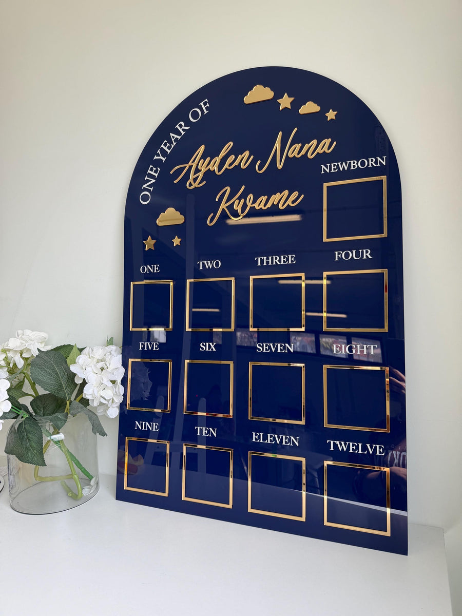 Custom first birthday photo board, stars and clouds design with space for photos
