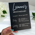 Custom acrylic hen do itinerary sign with elegant typography, clear background
