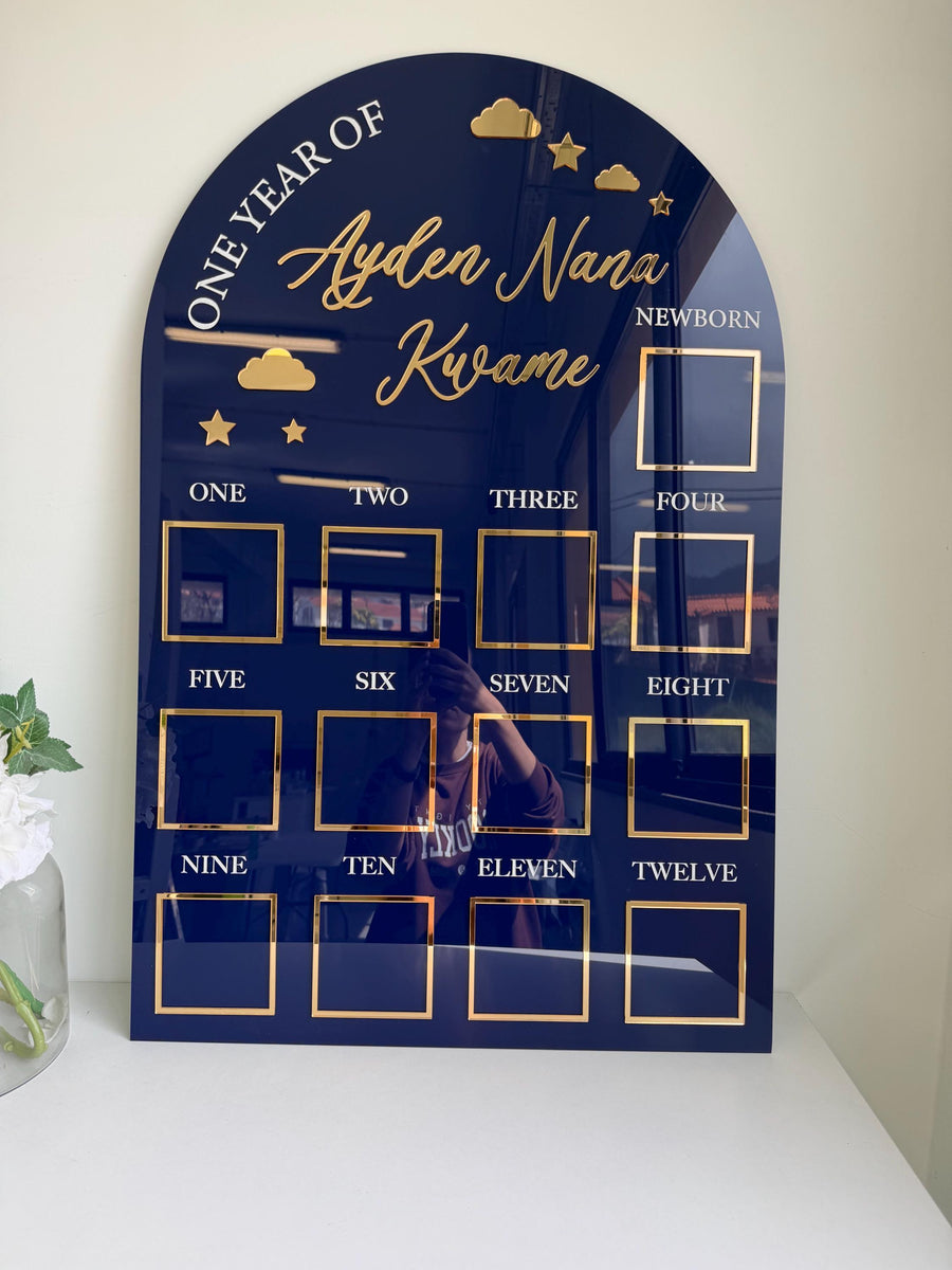 Custom First Birthday Photo Board, stars and clouds design, milestone display