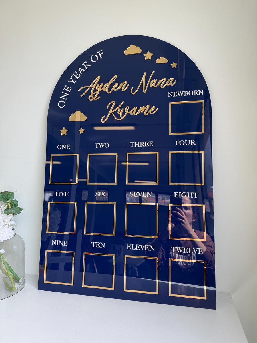 Custom First Birthday Photo Board with stars and clouds theme