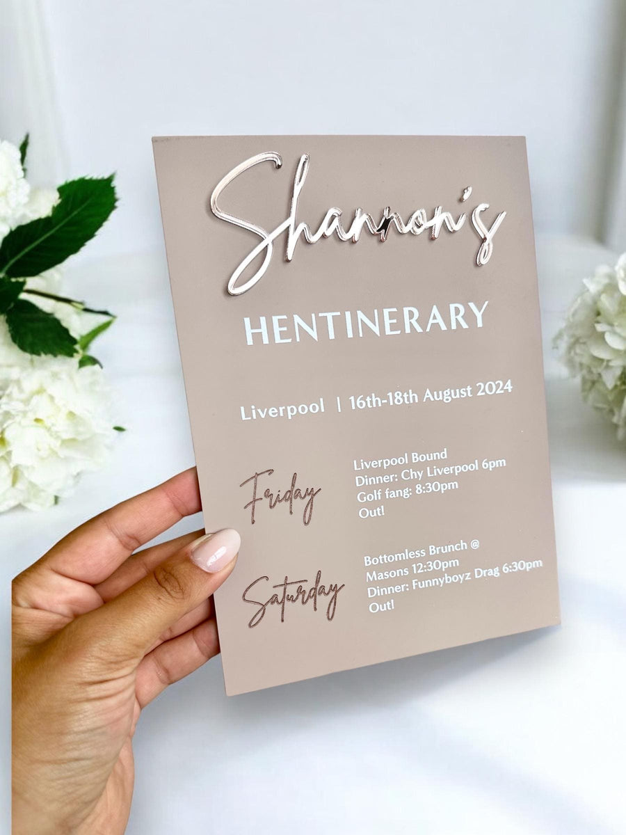 Custom acrylic hen do itinerary keepsake sign in clear color