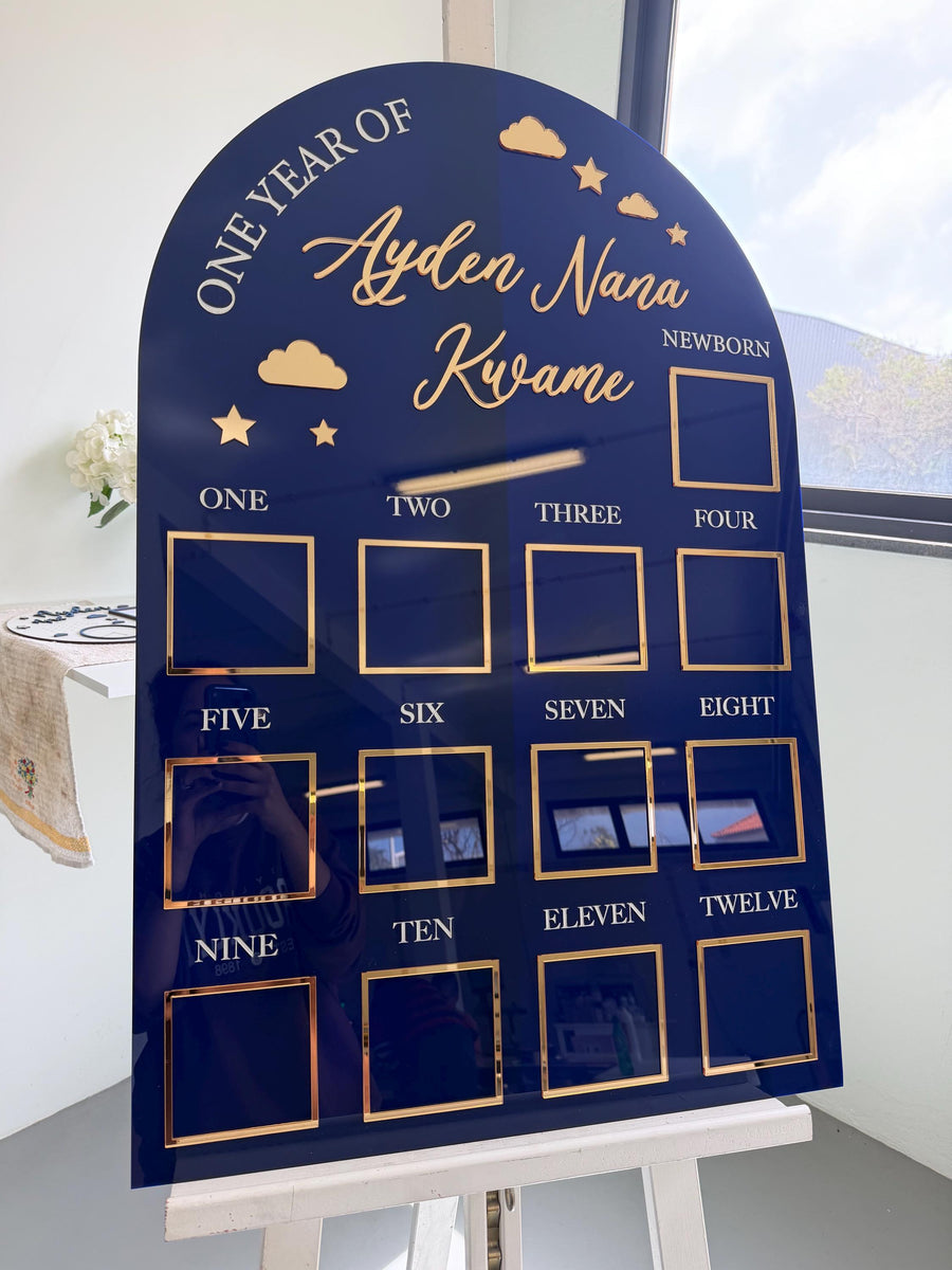 Custom First Birthday Photo Board with stars and clouds design
