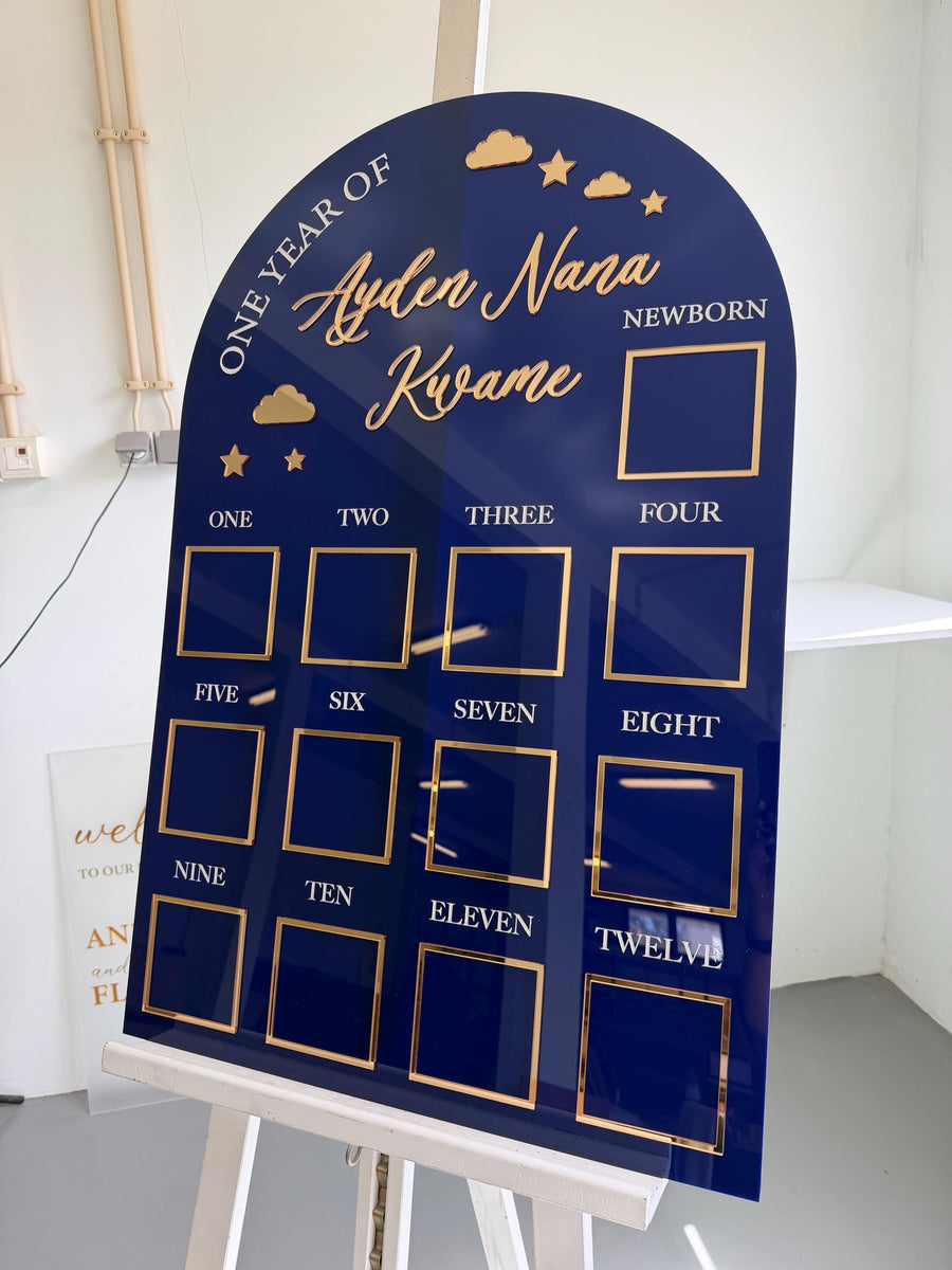 Custom first birthday photo board with stars and clouds design