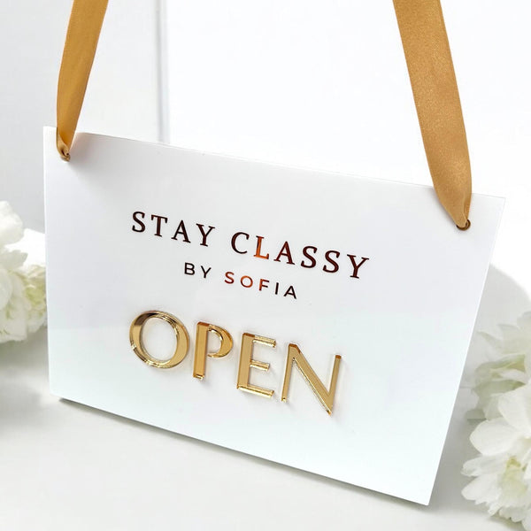 Custom open closed acrylic business sign with ribbon, double-sided for shop or salon