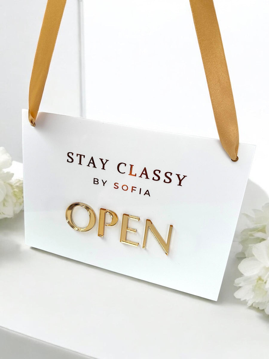 Custom open closed acrylic business sign with ribbon, double-sided for shop or salon