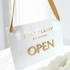 Custom open closed acrylic business sign with hanging ribbon, double sided