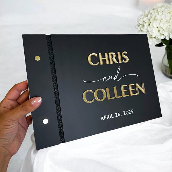 Acrylic wedding guestbook with custom engraving and crystal pen