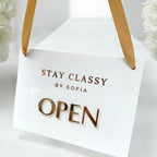 Custom open closed acrylic business sign with hanging ribbon, double sided design