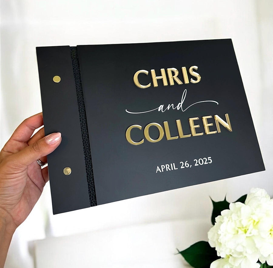 Custom acrylic wedding guestbook with crystal pen, elegant clear design
