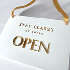 Custom open closed acrylic business sign with hanging ribbon, double-sided design