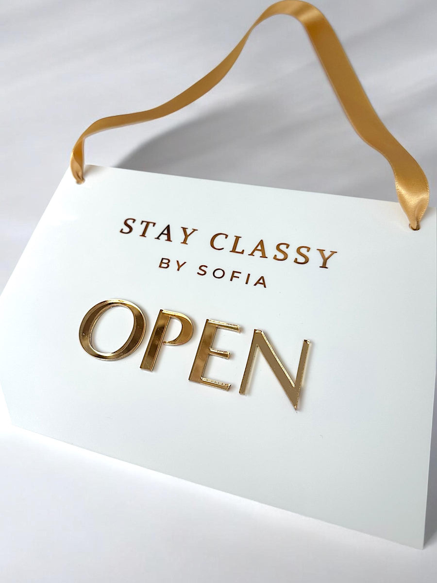 Custom open closed acrylic business sign with hanging ribbon, double-sided design