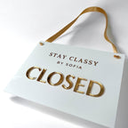 Custom open closed acrylic business sign, double-sided clear with ribbon