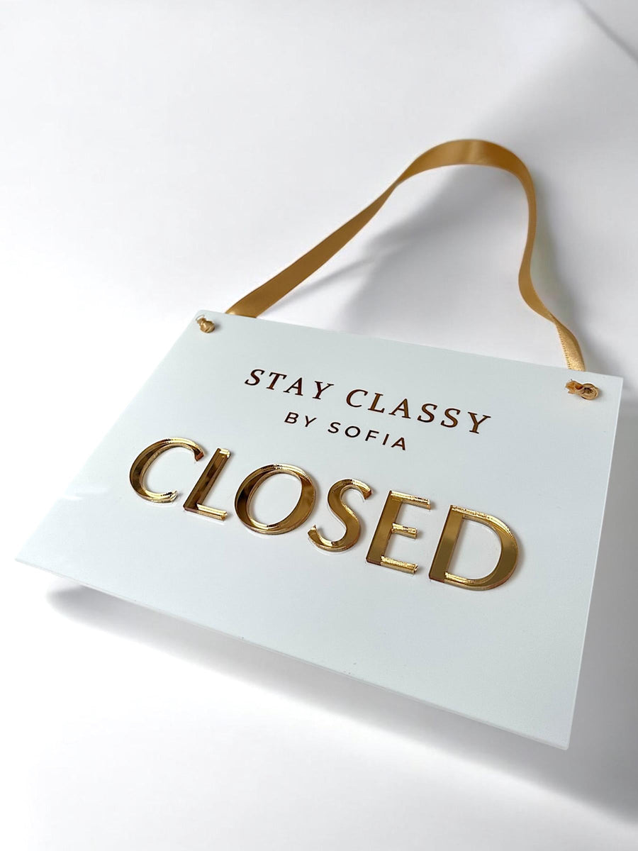 Custom open closed acrylic business sign, double-sided clear with ribbon