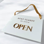 Custom open closed acrylic business sign with hanging ribbon, double-sided design