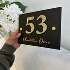 Custom acrylic house sign with street name in clear Perspex, A4 size