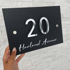 Custom acrylic house sign with street name, dark blue color, modern design