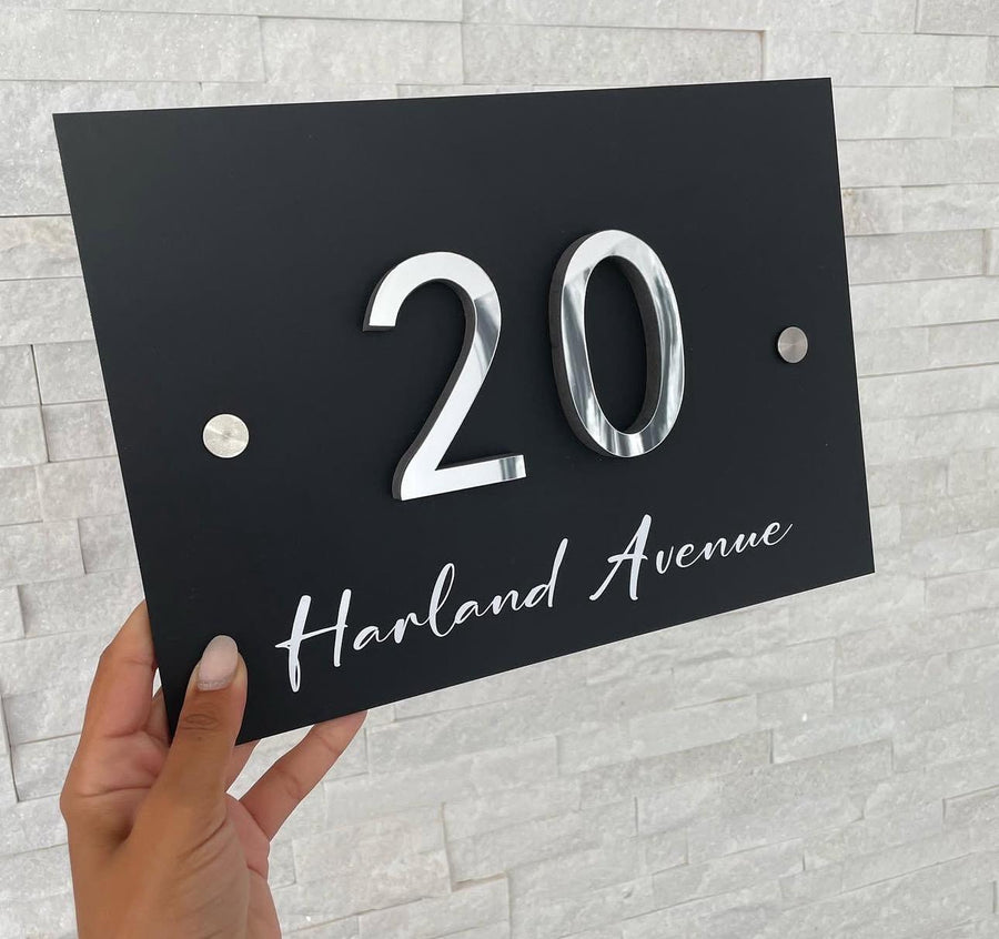Custom acrylic house sign with street name, dark blue color, modern design