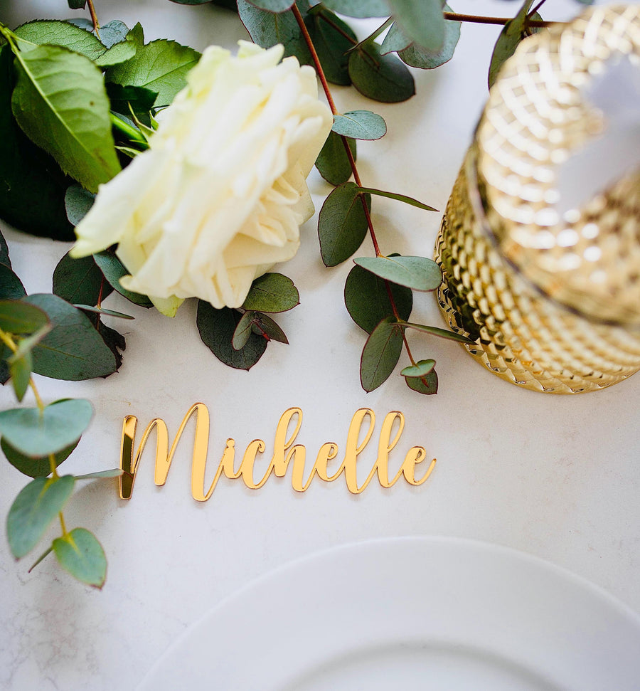 Personalised wedding place names, luxury mirrored acrylic cards, elegant design