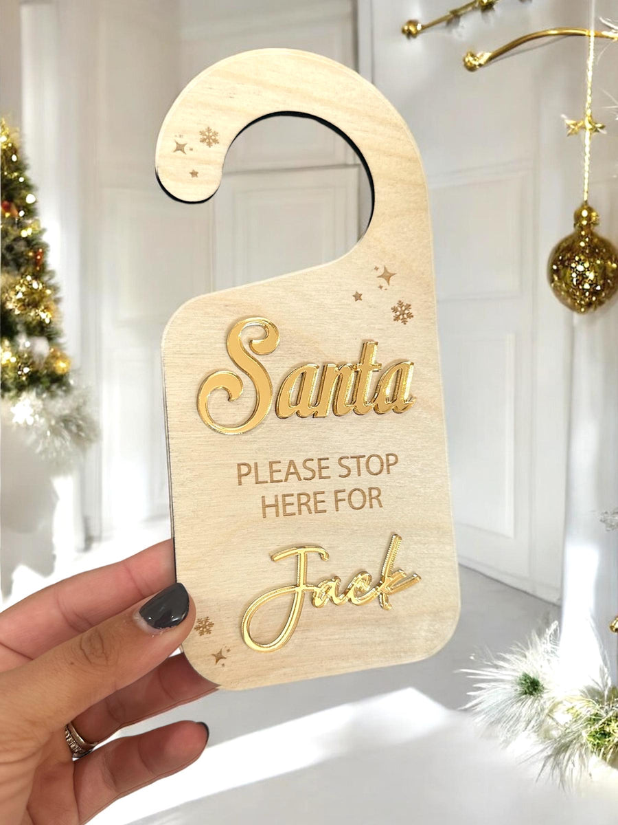 Personalised Santa Stop Here sign, wooden holiday door hanging decor, festive design