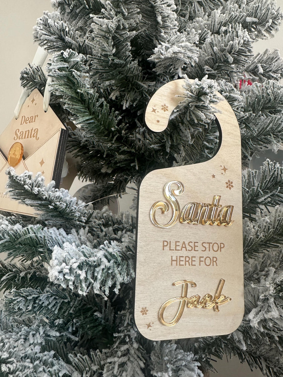 Personalised Santa Stop Here sign in wooden design for Christmas decoration