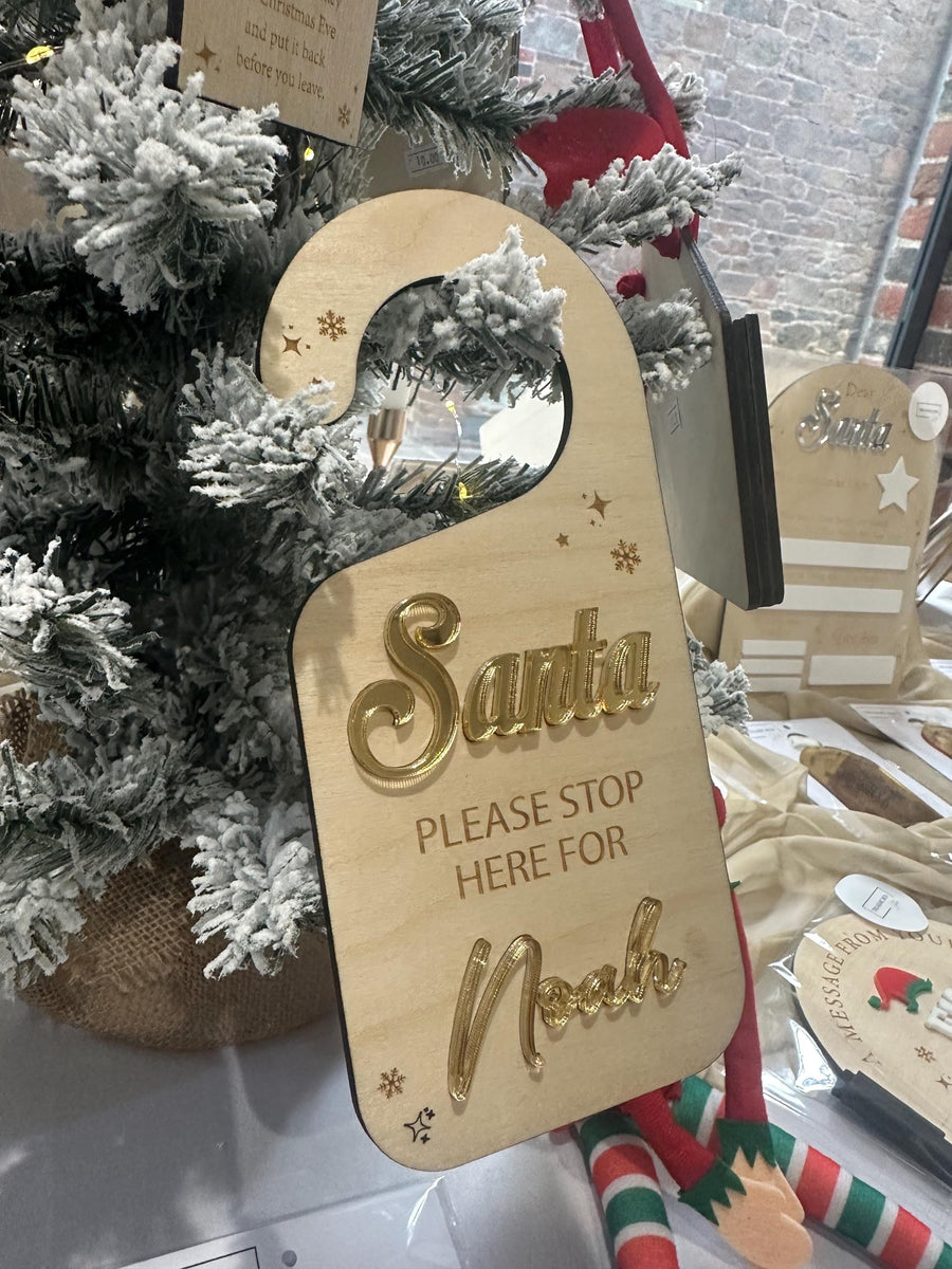 Personalised Santa Stop Here sign, custom wooden door hanging decor, festive red and white design