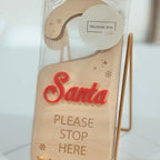 Personalised Santa Stop Here sign in rustic wood with festive design