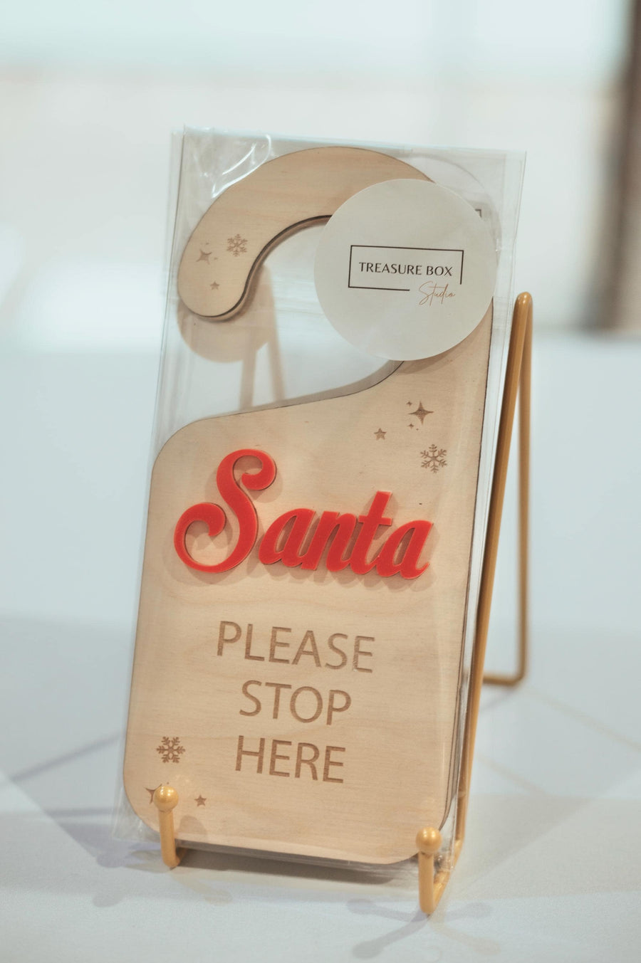 Personalised Santa Stop Here sign in rustic wood with festive design