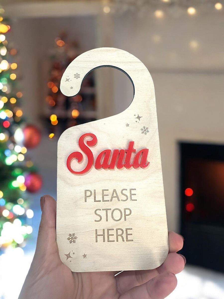 Personalised Santa Stop Here sign in rustic wood for Christmas decor