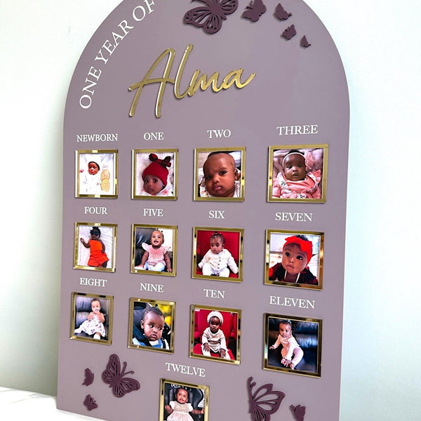 Acrylic milestone birthday photo board in butterfly shape for one year celebrations