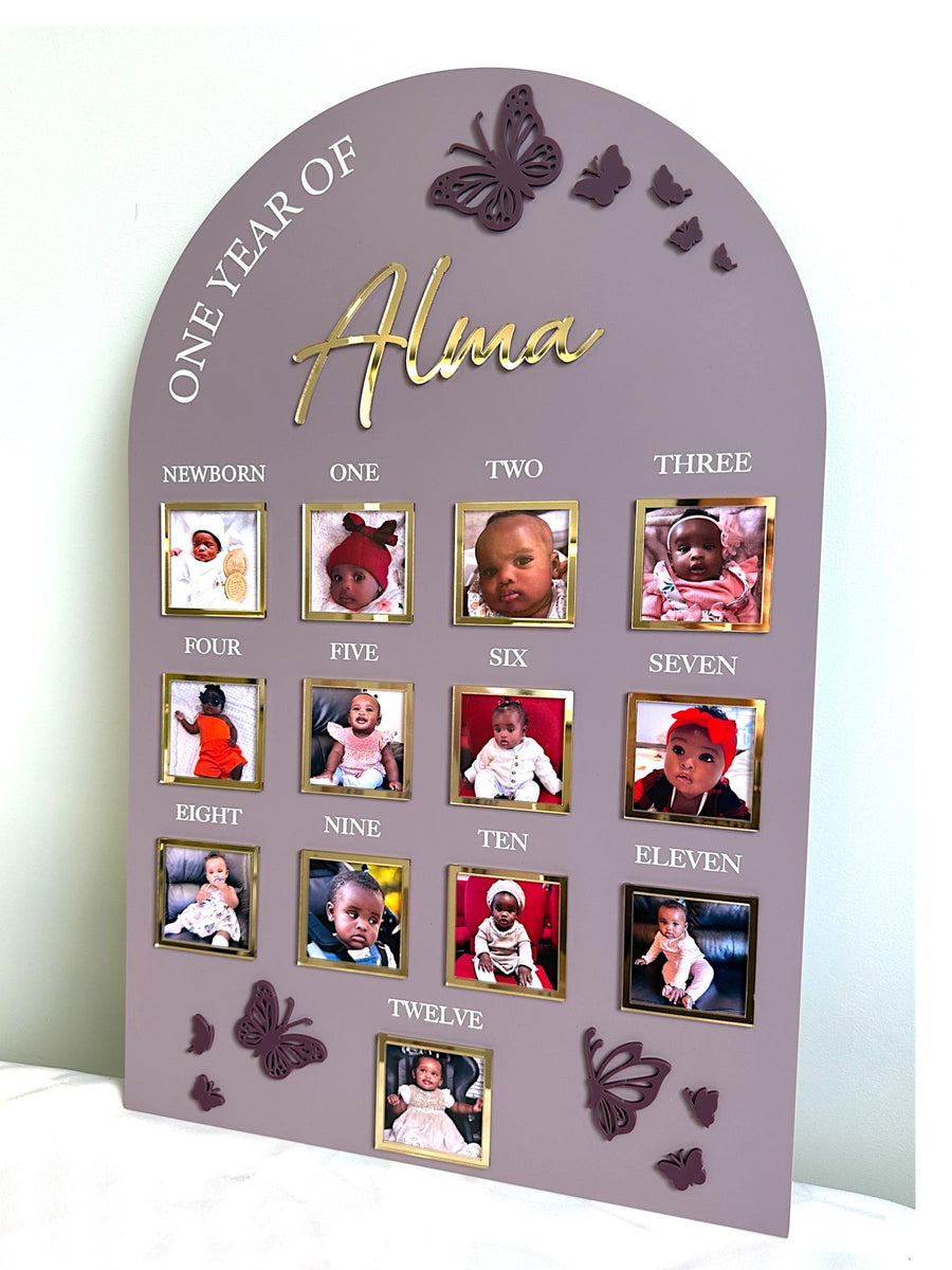 Acrylic Milestone 1st Birthday Photo Board, Butterfly One Year of Baby Sign, My First Year, Personalised First Birthday Memory Board