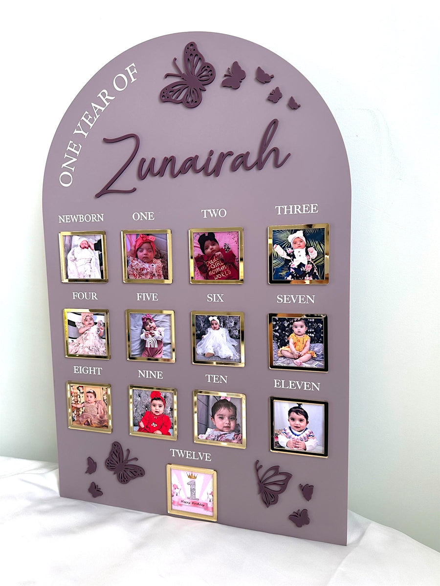 Acrylic Milestone 1st Birthday Photo Board, Butterfly One Year of Baby Sign, My First Year, Personalised First Birthday Memory Board