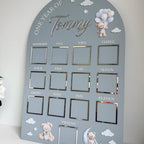 Custom First Birthday Photo Board in teddy bear theme, featuring personalized milestone photos
