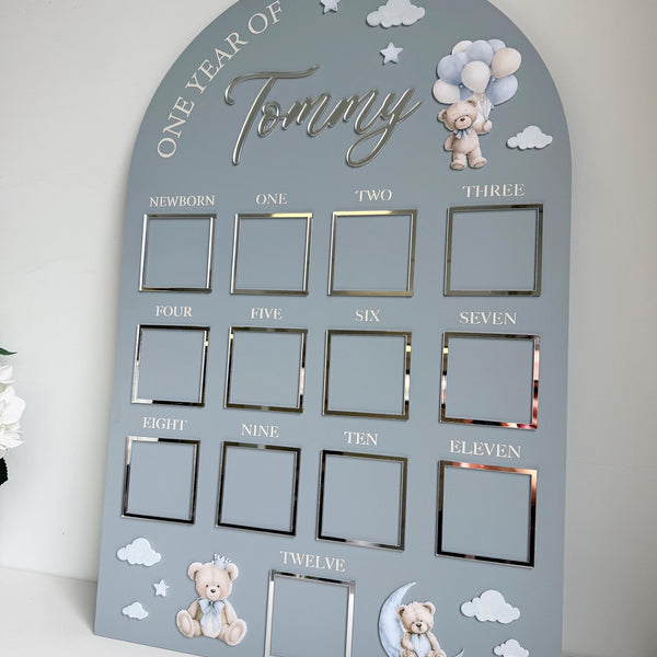 Custom First Birthday Photo Board in teddy bear theme, featuring personalized milestone photos