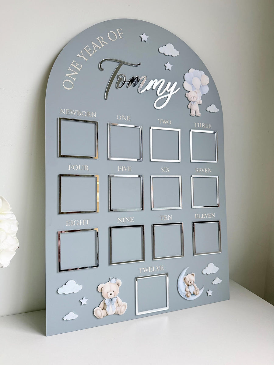 Custom First Birthday Photo Board, teddy bear theme, personalized milestone display