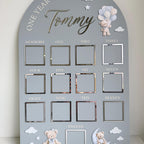 Custom First Birthday Photo Board with teddy bear theme and milestone photos