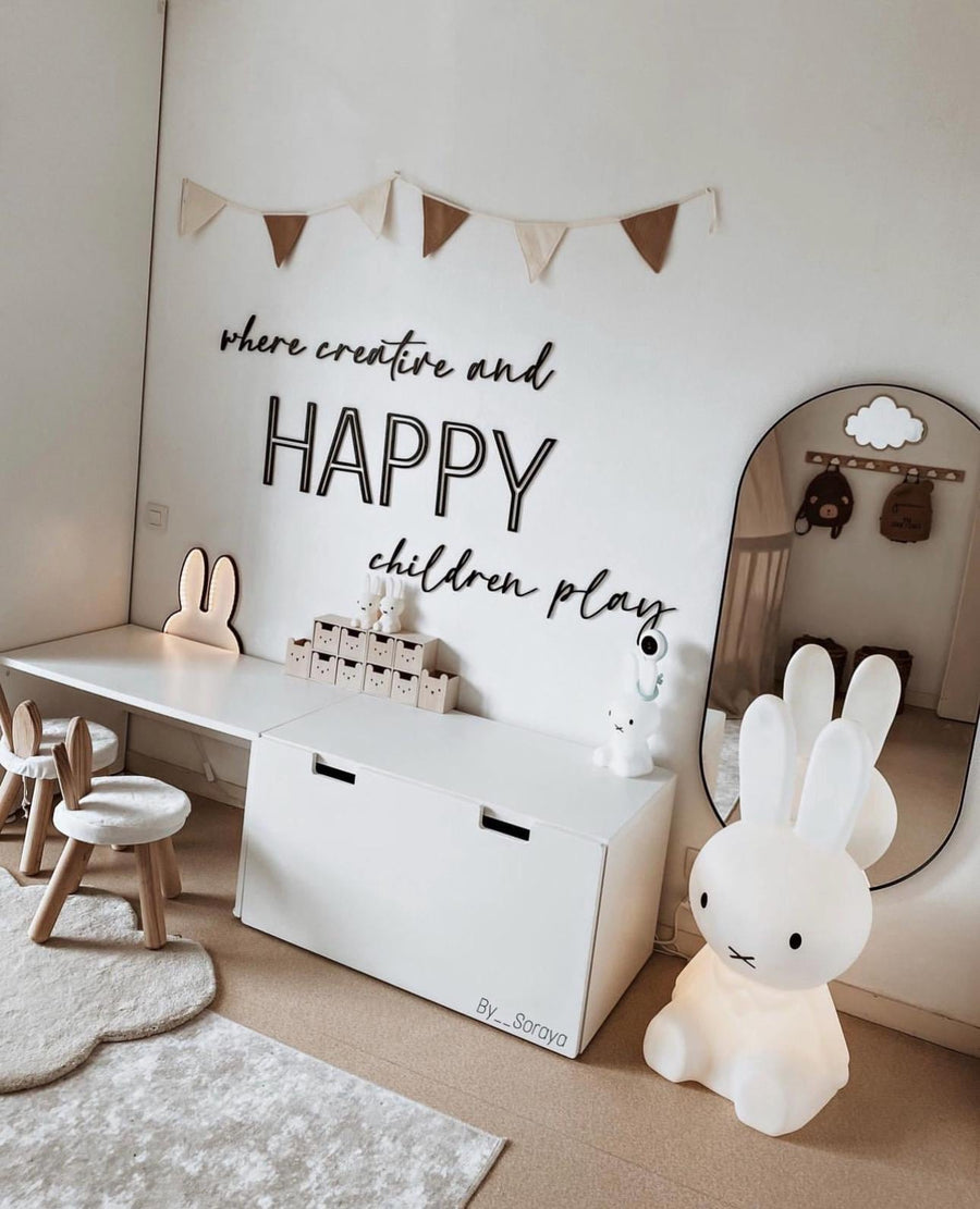 Wooden wall sign for playroom, featuring 'Where Creative and HAPPY Children Play' in natural color