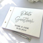Acrylic photo guestbook with crystal pen, modern wedding decor, clear design