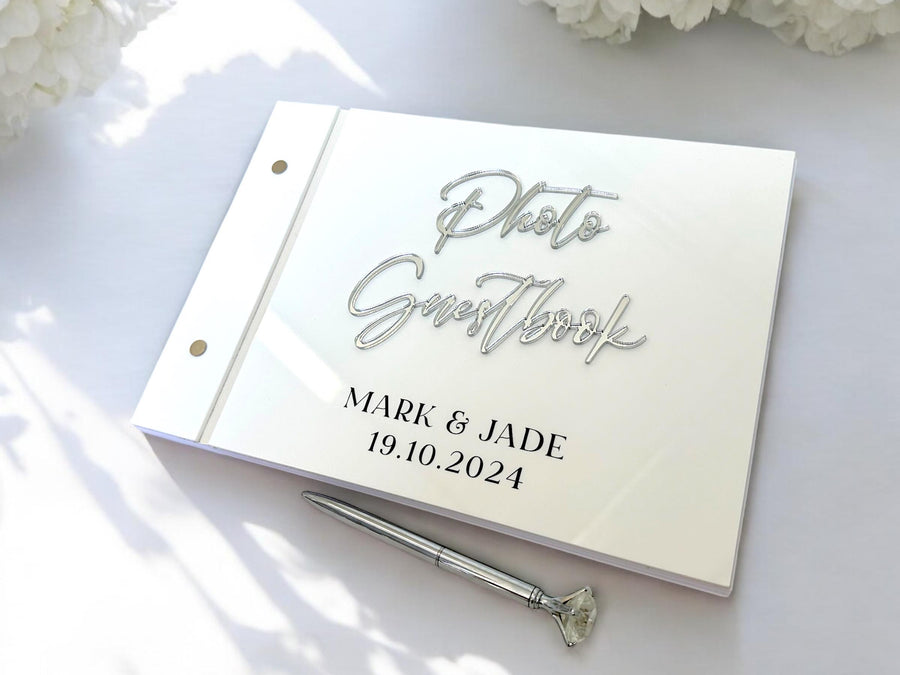 Acrylic photo guestbook with crystal pen, modern wedding decor, clear design