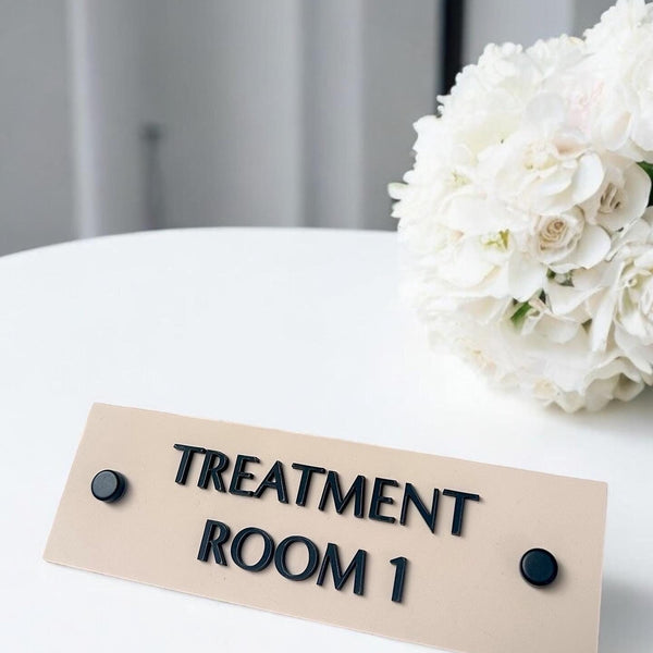 Custom 3D acrylic treatment room sign in clear with modern design
