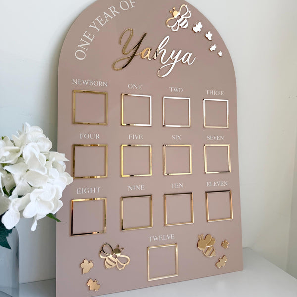 Custom first birthday photo board in bumblebee theme design