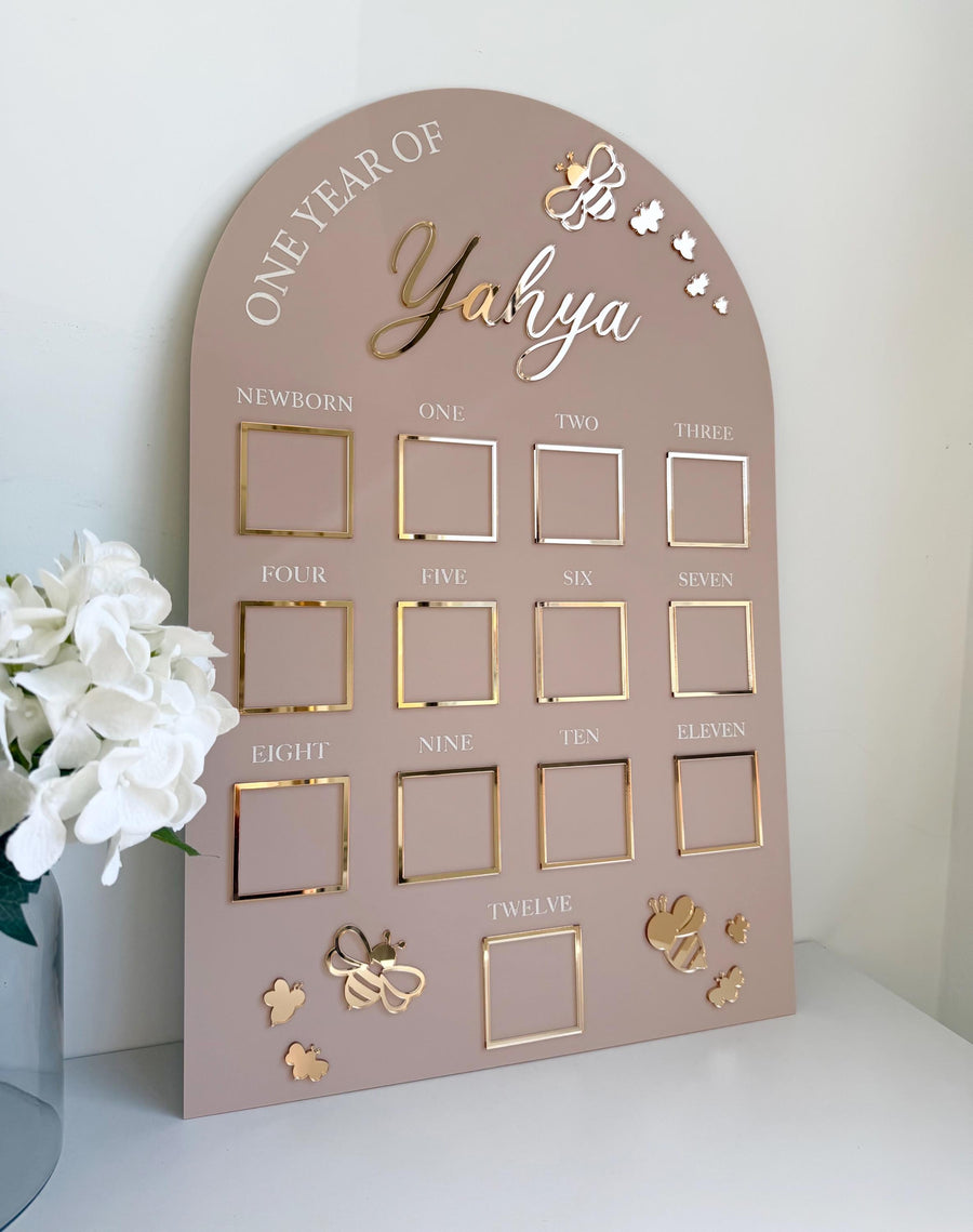 Custom first birthday photo board in bumblebee theme design