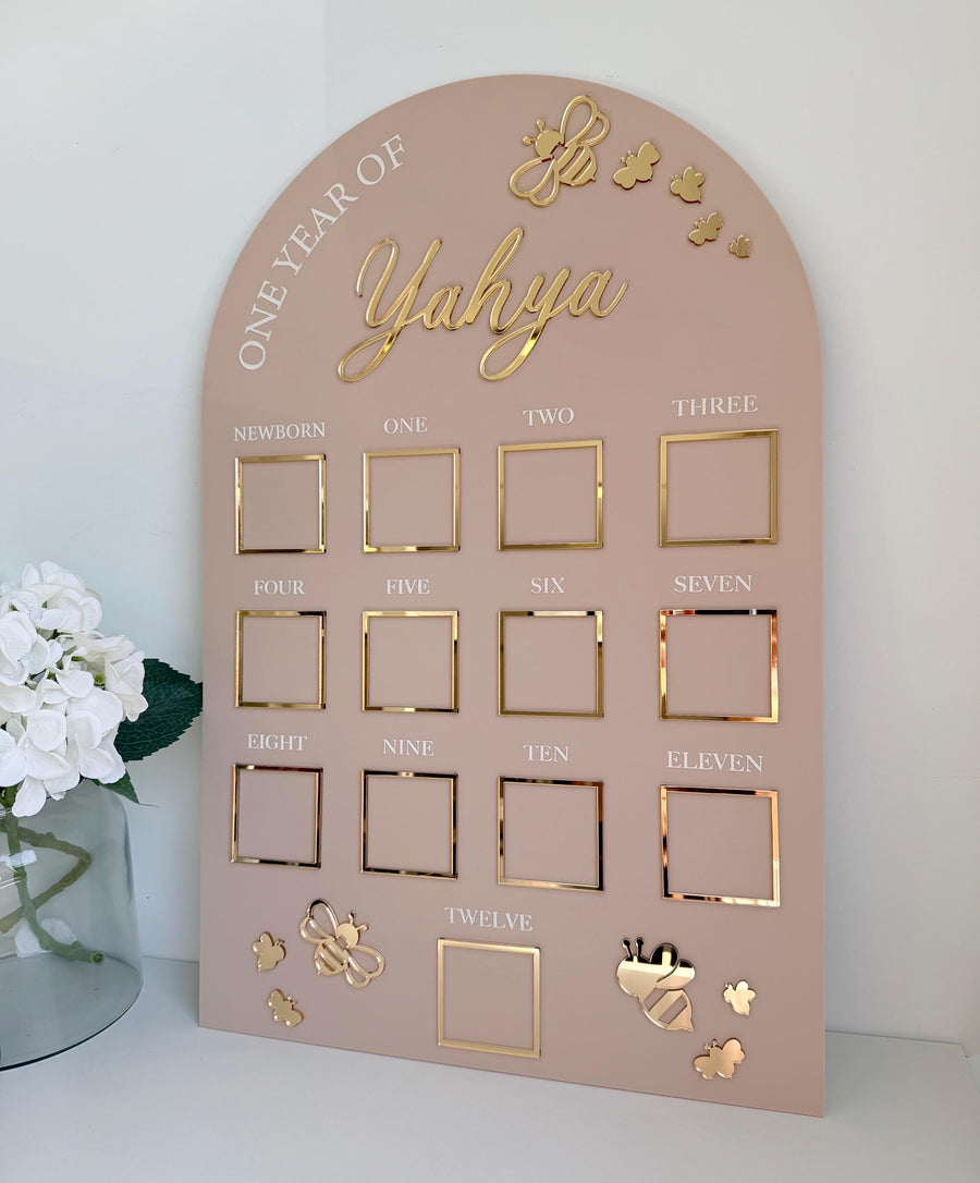 Custom First Birthday Photo Board in bumblebee theme for milestone photos