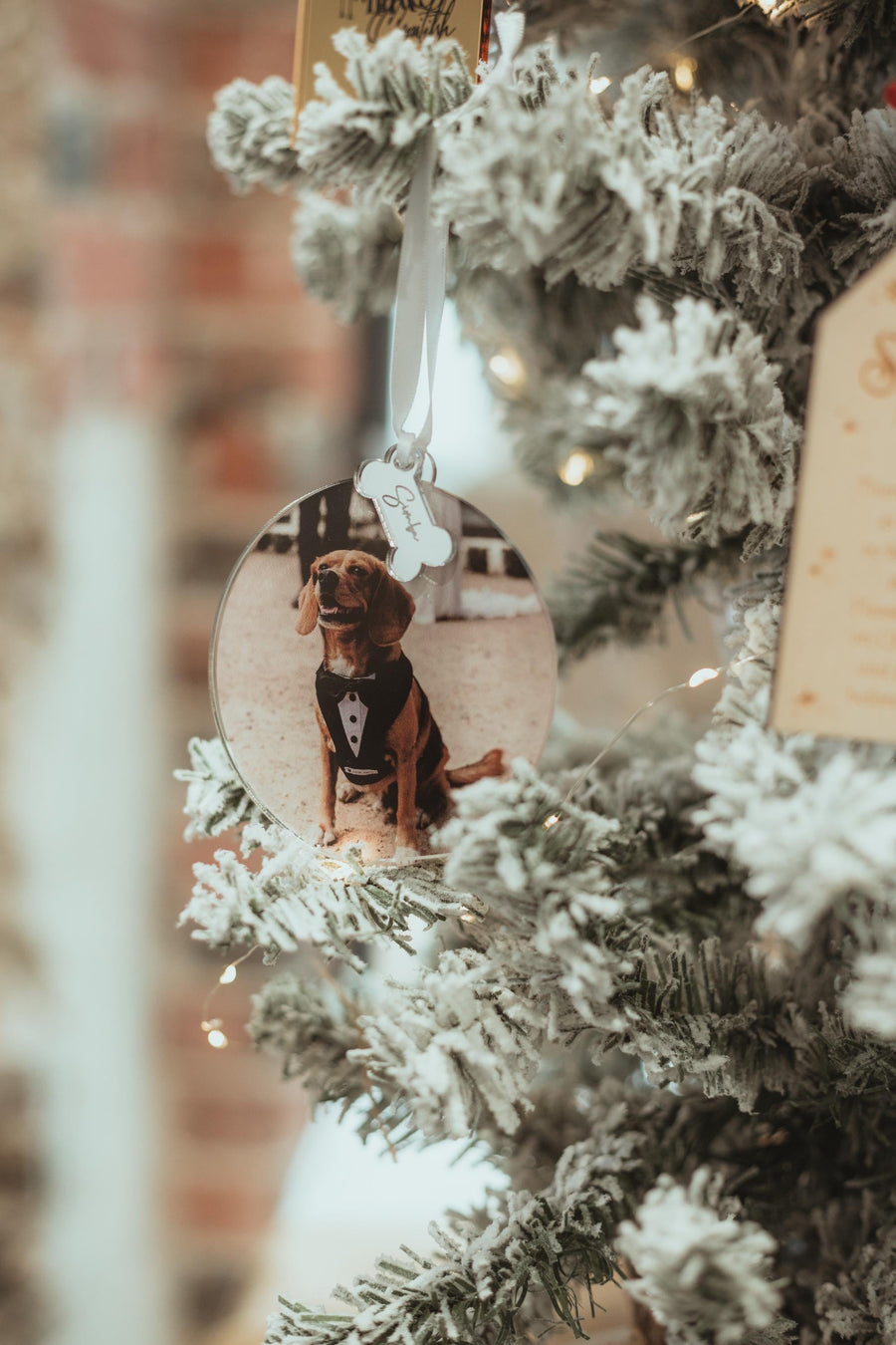 Personalised baby photo bauble with engraved acrylic heart tag, clear ornament