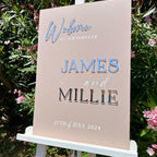 Modern acrylic wedding welcome sign in clear with custom text